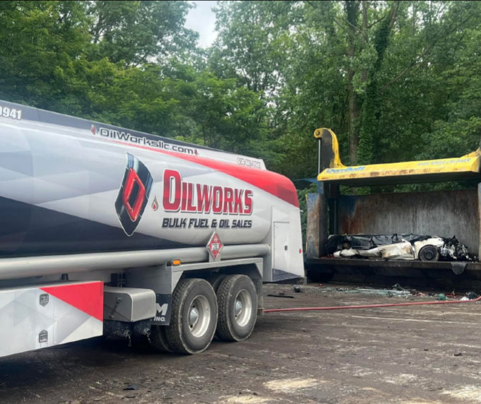 OilWorks tanker truck supplying bulk fuel and oil at an industrial jobsite in Ohio.